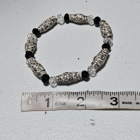 Upcycled Handmade Book Paper Art Beaded Stretch Bracelet Eco Friendly Jewelry - Picture 3 of 3